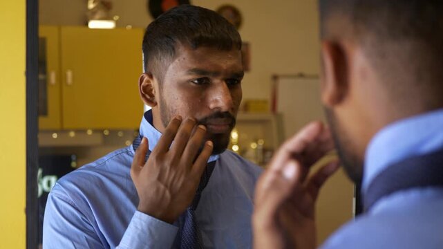 Young Indian male in office college attire adjusts tie while staring into a mirror, unhappy with acne-ridden tanned skin; an intimate bedroom moment reflecting self-image concerns and insecurity