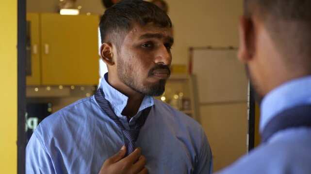 Young Indian male in office college attire adjusts tie while staring into a mirror, unhappy with acne-ridden tanned skin; an intimate bedroom moment reflecting self-image concerns and insecurity