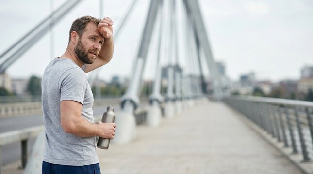 Athletic man wiping sweat while holding a water bottle on a modern city bridge