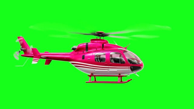 A high-quality 3D animation of a vibrant pink and white transport helicopter with spinning rotors. Set against a green screen background, this asset is perfect for aviation themes, travel promotions, 