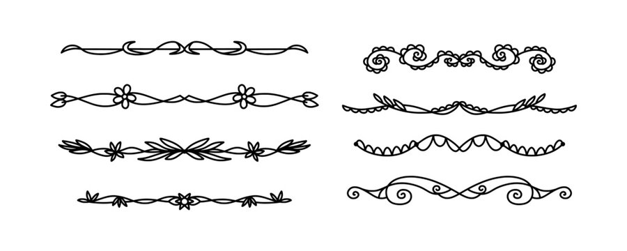 Handdrawn black floral text dividers and decorative borders set. Elegant ornamental line ornaments with flowers and swirls for invitation and book design. Hand drawn text page separator set.