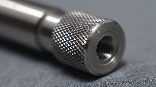 Macro view of a metallic cylindrical tool part with knurled grip.
