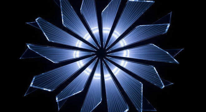 Glowing blue geometric shape explodes in dark space with light rays