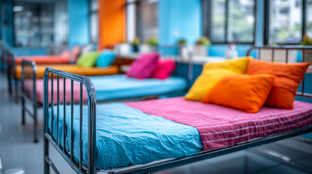 Colorful dormitory or hostel beds with brightly colored pillows bunk beds shared room