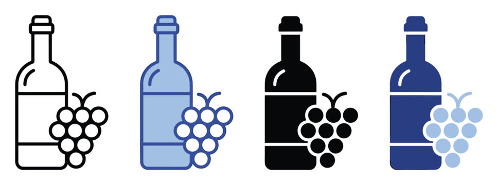 Wine bottle and grape icons for beverage branding, restaurant menus, and winery use