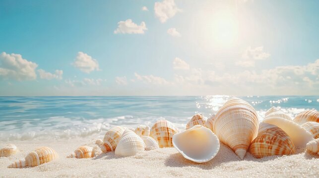 A group of textured seashells with intricate spiral patterns arranged neatly on the warm white sand