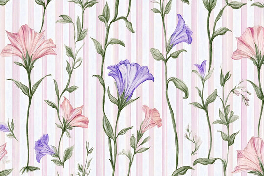 Pattern with delicate bellflower blooms and slender botanical stems on soft striped background. Elegant floral illustration featuring campanula flowers in pastel tones, creating a light