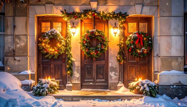 Three warmly lit wooden entry doors adorned with festive wreaths and garlands, illuminated by outdoor lights, amidst snowy conditions