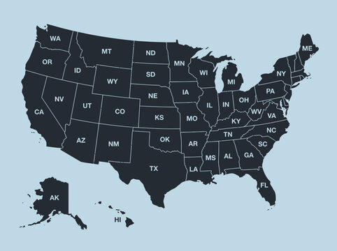 USA Map with State Abbreviations - Minimalist Flat Design Vector Illustration of the United States