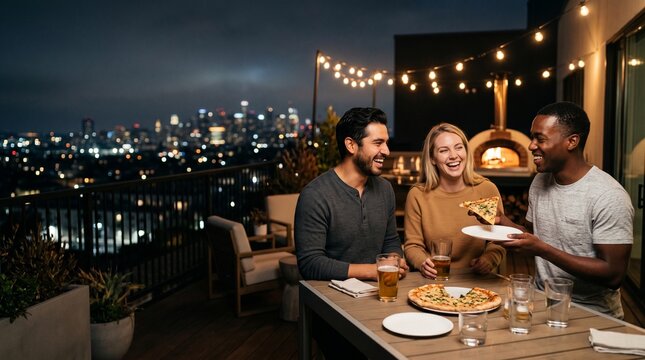 Diverse friends eating pizza and laughing on a rooftop terrace at night with city view.