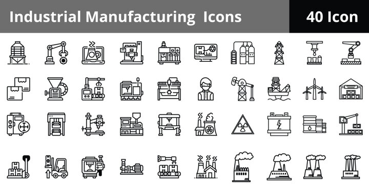 Industrial Manufacturing Icons Set &ndash; Factory Machinery and Engineering Vector Collection