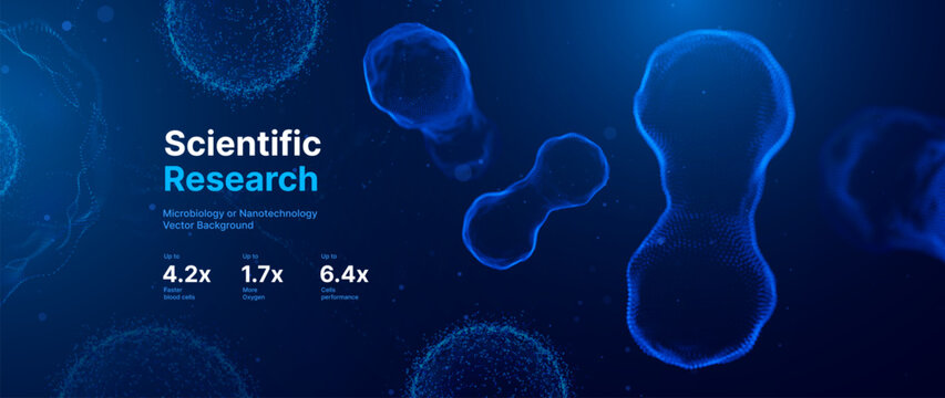 Scientific Medical Research Background with Abstract Blue Cell Structure. Microbiology and Nanotechnology Concept Featuring Microscopic Virus or Molecular Formation. Vector Illustration.