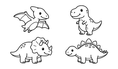Cute Baby Dinosaur Outline Vector Set with Pterodactyl and T-Rex for Kids Coloring Book Illustration © Chiron
