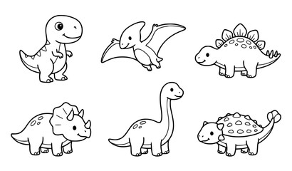 Minimal Cute Baby Dinosaur Line Drawing Set with Flying Pterodactyl and T-Rex Characters for Coloring Book © Chiron