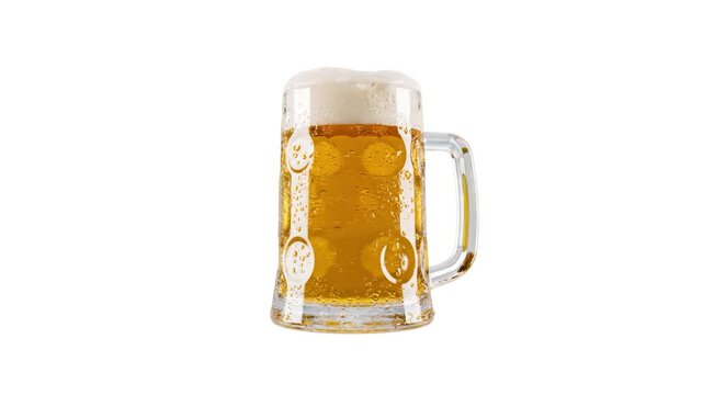 A high-realism 3D animation of a traditional glass beer mug filled with golden lager, topped with a thick, frothy head of white foam. Set against a clean white background, this asset is ideal for prof