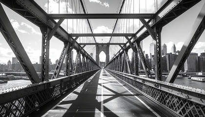 Naklejka premium Structural Symmetry: A black and white photograph captures the architectural grandeur of a steel bridge. The intricate details of the bridge create a sense of symmetry.