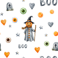 Fototapeta premium Watercolor Halloween Seamless Pattern with Pumpkin Scarecrow, Spooky Eyeballs, and Tombstones