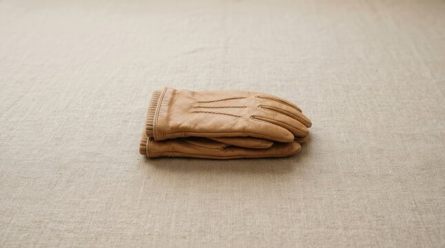 Tan leather gloves folded on linen fabric winter accessories still life