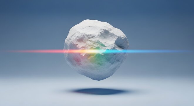 Floating white rock sphere with a spectral rainbow light beam. Abstract science and physics concept. Levitating stone planet with a colorful laser line through the center