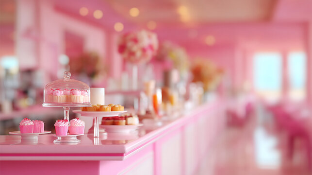 Pastel pink dessert counter in a cafe with cupcakes cakes pastries soft focus background