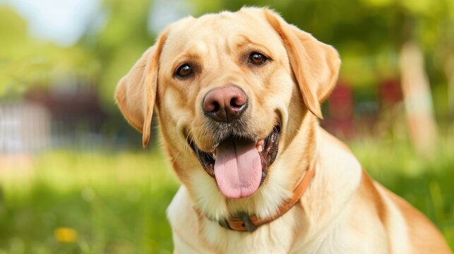 Happy Labrador Retriever Sitting on Green Grass with Bright Smile and Clear Eyes in a Natural Outdoor Setting