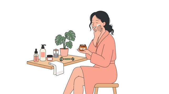 Woman applies face mask with skincare products