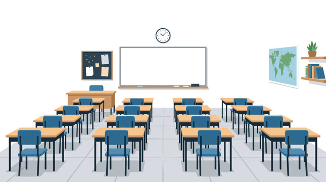 A minimalist vector classroom layout displays rows of matching blue chairs and wooden desks facing a central whiteboard and a world map on the side wall.