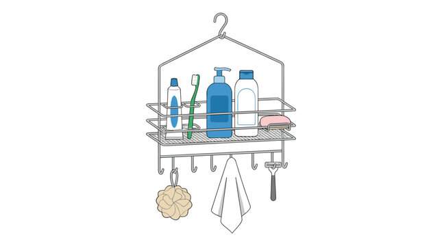 A silver metal wire shower caddy hangs from a top hook while containing various personal hygiene items such as toothpaste, soap, and shampoo bottles.