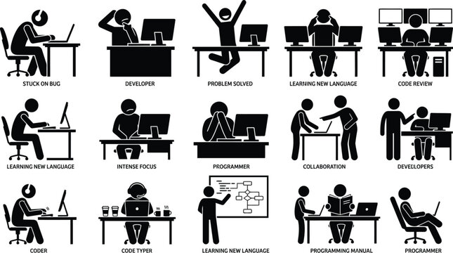 Programmer workflow and tasks illustrated isolated on white background, Vector