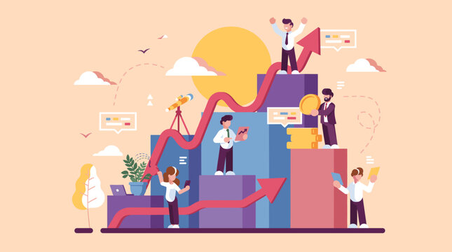 Tiny businesspeople stand triumphantly on rising bar chart columns while holding coins arrows and tablets as red growth arrows soar upward against a warm sky