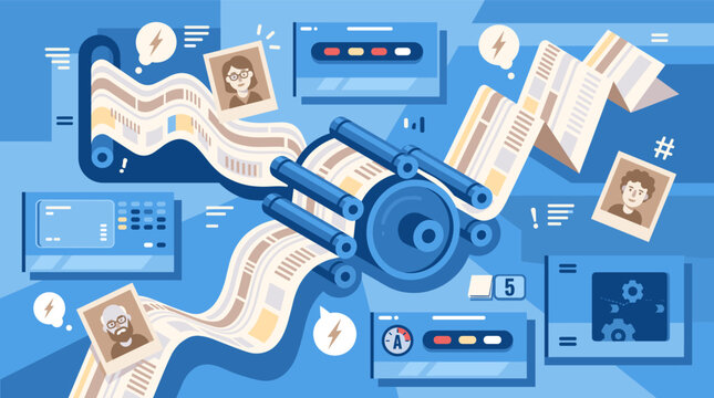 A large industrial printing press rolls out long sheets of newspaper featuring portrait photos while surrounded by control panels lightning bolt icons and hashtags