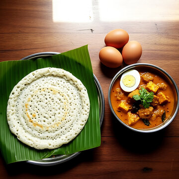 Delicious appam and egg curry with whole eggs on banana leaf and wooden table.