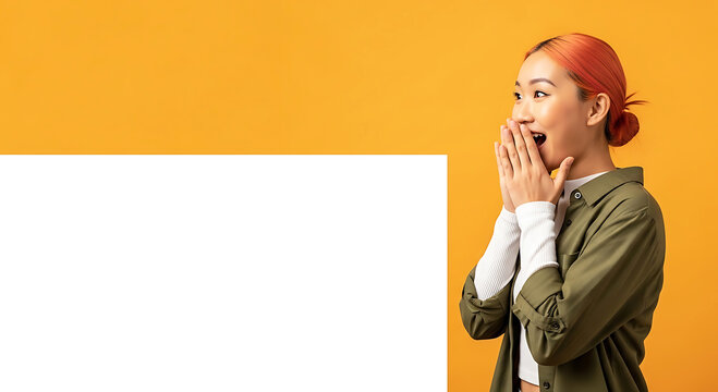 Amazed asian woman in green jacket covering mouth with hands looking to side.