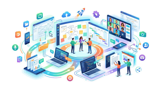 Team collaboration in digital workspace with laptops and communication icons