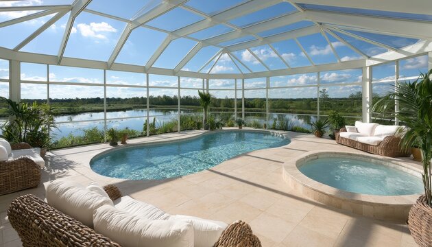 Luxury indoor swimming pool and hot tub inside a glass enclosed sunroom overlooking a scenic lake with lush green landscape under a bright blue sky on a sunny day