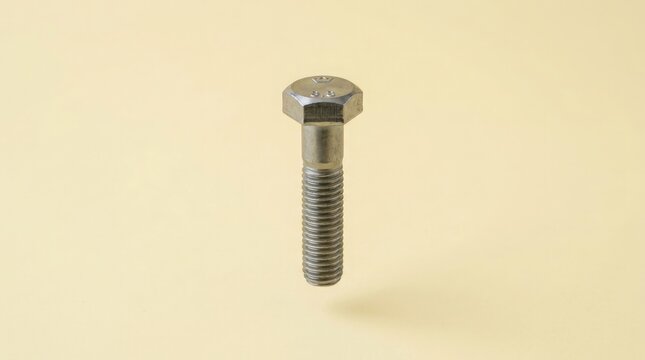 Isolated hex bolt with threads on pale yellow background
