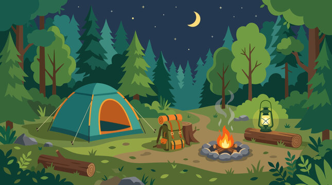 Camping Tent and Fire at Night.