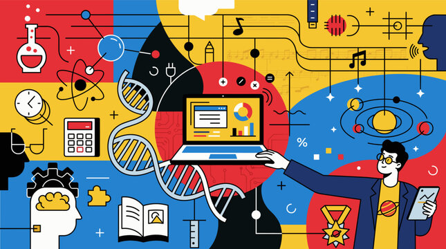 multidisciplinary human knowledge is illustrated through science music astronomy DNA math brain and technology icons forming a bold colorful composition