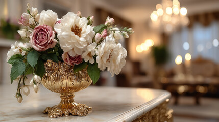 Fototapeta premium Exquisite bouquet of pastel flowers in ornate golden vase on marble countertop