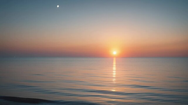 sunset over calm sea horizon, tranquil water, orange sky