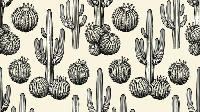 Cacti Pattern With Barrel Cacti And Saguaro Silhouettes.
