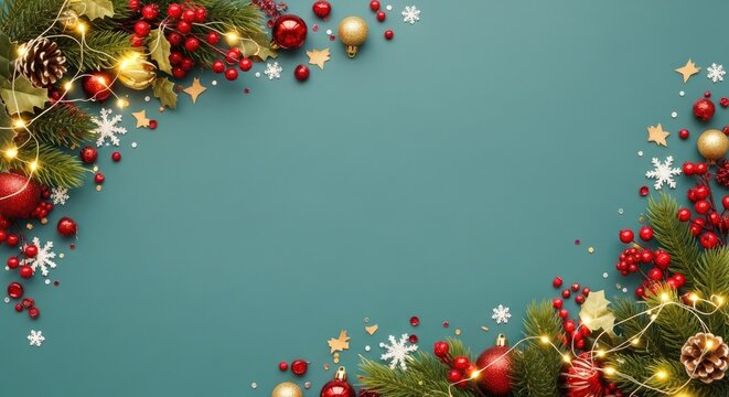 Christmas decorations on teal background with ornaments and snowflakes