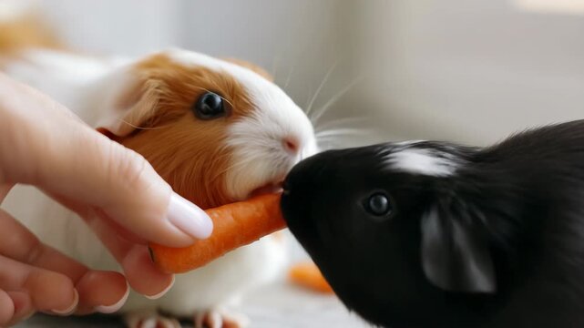 Guinea pig eating carrot offered by hand in cozy bedding area