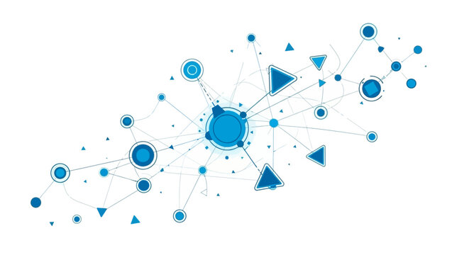 A blue graphic illustration of connected shapes and lines on a white background shows network structure