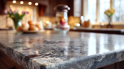 Obraz premium Polished granite kitchen countertop surface close up with countertop interior material