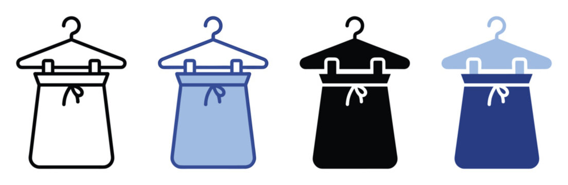 Laundry bag on clothes hanger icon set for household chores and washing organization applications