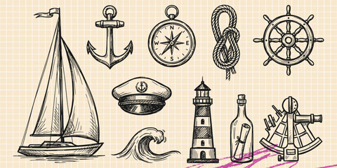 Black ink scribble doodle vector vintage hand drawn set of sailing boat yacht marine navigation ocean and sea voyage © Broke Stoke