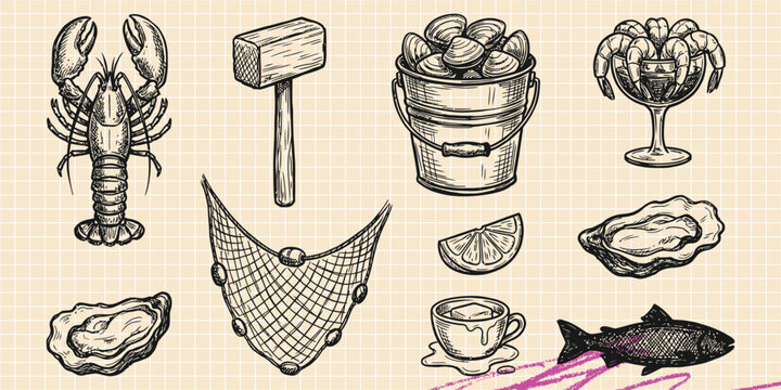 Black ink scribble doodle vector vintage hand drawn set of seafood lobster fishing marine cuisine crab and ocean food