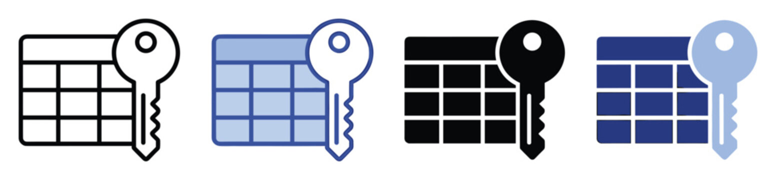 Spreadsheet and key icon for data access, management, and secure information systems applications