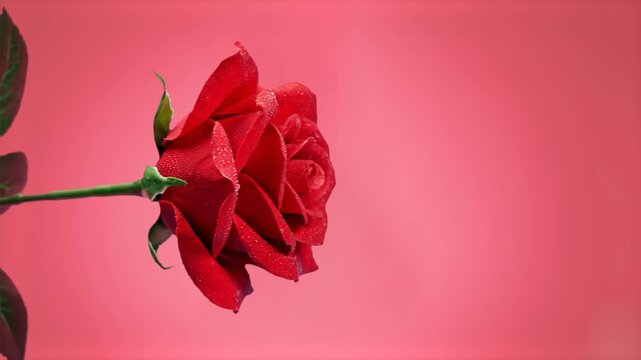 A detailed macro shot of a vibrant red rose flower positioned against a solid pink backdrop. This bold, monochromatic-style composition is perfect for Valentine's Day, Mother's Day, or romantic floral